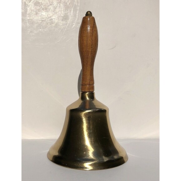 Vintage 8 1/2” Brass Bell With Wooden Handle 5" Diameter Hand Size Table/Desk - Picture 3 of 9